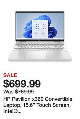 Office Depot Hp pavilion x360 convertible laptop, 15.6 touch screen, intel core i5, 8gb memory, 256gb solid state drive, wi-fi 6, windows offer