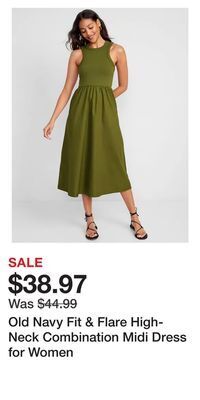 Old Navy Old navy fit & flare high-neck combination midi dress for women offer