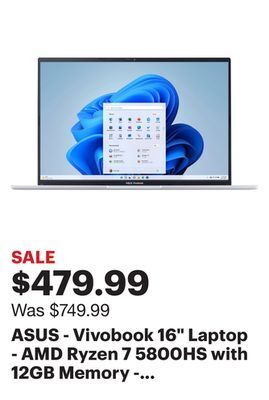 Best Buy Asus - vivobook 16 laptop - amd ryzen 7 5800hs with 12gb memory - 512gb ssd - quiet blue - quiet blue offer