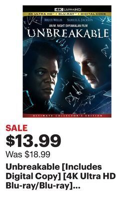 Best Buy Unbreakable [includes digital copy] [4k ultra hd blu-ray/blu-ray] [2001] offer
