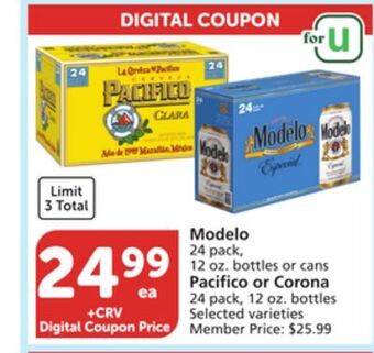 Vons Modelo 24 pack, 12 oz. bottles or cans pacifico or corona 24 pack, 12 oz. bottles offer