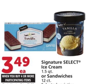 Vons Signature select ice cream 1.5 qt. or sandwiches 12 ct offer