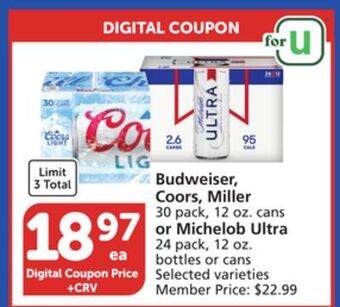 Albertsons Budweiser, coors, miller 30 pack, 12 oz. cans or michelob ultra 24 pack, 12 oz. bottles or cans offer
