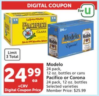 Albertsons Modelo 24 pack, 12 oz. bottles or cans pacifico or corona 24 pack, 12 oz. bottles offer