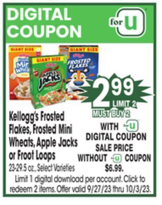 Jewel-Osco Kellogg's frosted flakes, frosted mini wheats, apple jacks or froot loops offer