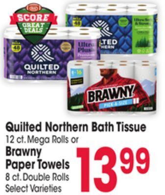 Jewel-Osco Quilted northern bath tissue 12 ct. mega rolls or brawny paper towels 8 ct. double rolls offer
