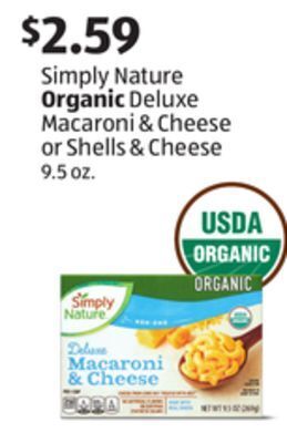 Aldi Simply nature organic deluxe macaroni & cheese or shells & cheese offer