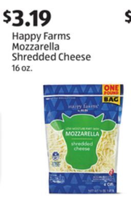 Aldi Happy farms mozzarella shredded cheese offer