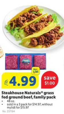 Lidl Steakhouse naturals grass fed ground beef, family pack offer