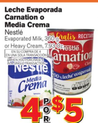 El Super Fresh Nestlé evaporated milk 360 g. or heavy cream 7.93 oz offer