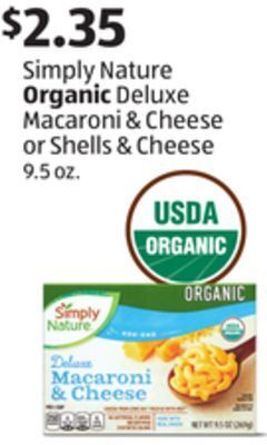 Aldi Simply nature organic deluxe macaroni & cheese or shells & cheese offer