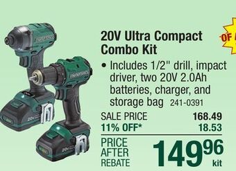 Menards Masterforce ultra compact 20-volt brushless cordless 1/2 drill & 1/4 impact driver combo kit offer