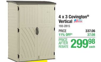 Menards Suncast covington 4 x 3 x 6 vertical outdoor resin storage unit offer