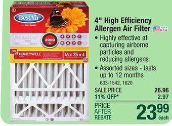 Menards Bestair 20 x 25 x 4 merv 11 pleated air filter offer