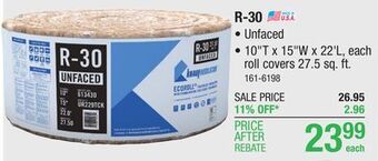 Menards R-30 ecoroll unfaced fiberglass insulation roll 10 x 15 x 22' offer