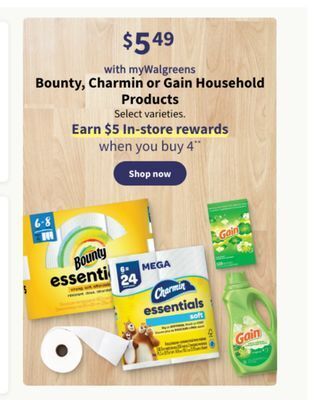 Walgreens Bounty, charmin or gain household products offer