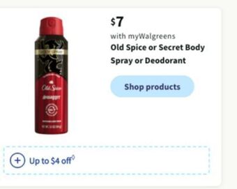 Walgreens Old spice or secret body spray or deodorant offer