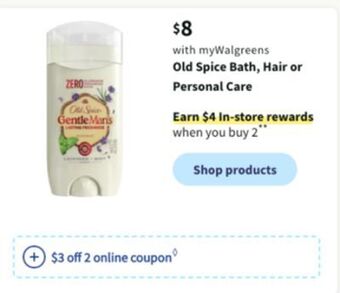 Walgreens Old spice bath, hair or personal care offer