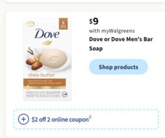 Walgreens Dove or dove men's bar soap offer