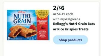 Walgreens Kellogg's nutri-grain bars or rice krispies treats offer