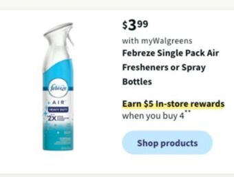Walgreens Febreze single pack air fresheners or spray bottles offer