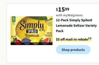 Walgreens 12-pack simply spiked lemonade seltzer variety pack offer