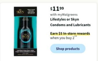 Walgreens Lifestyles or skyn condoms and lubricants offer