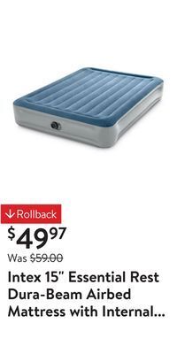 Walmart Intex 15 essential rest dura-beam airbed mattress with internal pump included - queen offer
