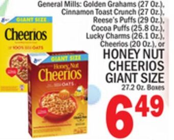 C Town Honey nut cheerios giant size 27.2 oz. boxes offer