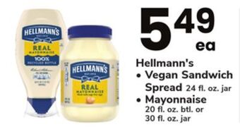 ACME Hellmann's vegan sandwich spread 24 fl. oz. jar, mayonnaise 20 fl. oz. btl. or 30 fl. oz. jar offer