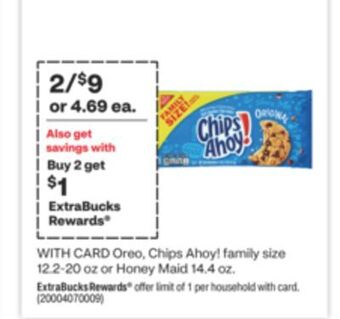 CVS Oreo, chips ahoy! family size 12.2-20 oz or honey maid 14.4 oz offer