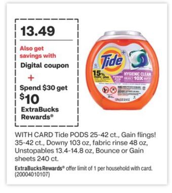CVS Tide pods 25-42 ct., gain flings! 35-42 ct., downy 103 oz, fabric rinse 48 oz, unstopables 13.4-14.8 oz, bounce or gain sheet offer