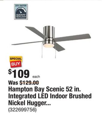 The Home Depot Hampton bay scenic 52 in. integrated led indoor brushed nickel hugger ceiling fan with reversible motor & reversible blades i offer