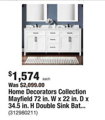The Home Depot Home decorators collection mayfield 72 in. w x 22 in. d x 34.5 in. h double sink bath vanity in white with white cultured mar offer