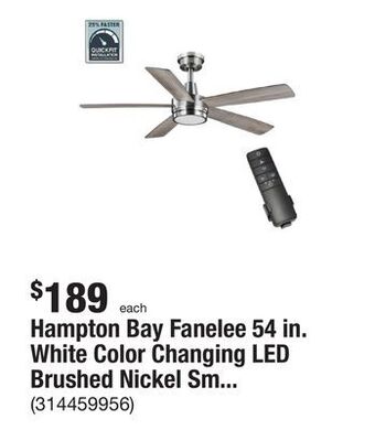 The Home Depot Hampton bay fanelee 54 in. white color changing led brushed nickel smart ceiling fan with light kit and remote powered by hub offer
