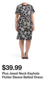 TJ Maxx Plus jewel neck keyhole flutter sleeve belted dress offer