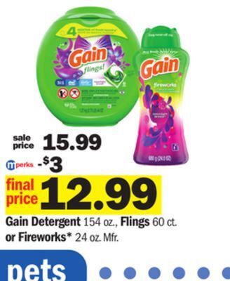 Meijer Gain detergent 154 oz., flings 60 ct. or fireworks* 24 oz offer