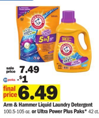 Meijer Arm & hammer liquid laundry detergent 100.5-105oz or ultra power plus paks* 42ct offer
