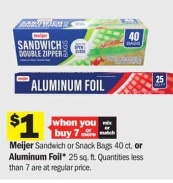 Meijer Meijer sandwich or snack bags 40 ct. or aluminum foil* 25 sq. ft offer