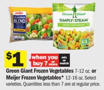 Meijer Green giant frozen vegetables 7-12 oz. or meijer frozen vegetables* 12-16 oz offer