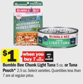 Meijer Bumble bee chunk light tuna 5 oz. or tuna pouch* 2.5 oz offer
