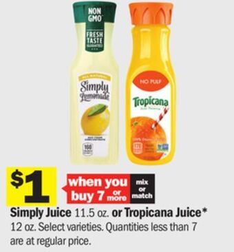 Meijer Simply juice 11.5 oz. or tropicana juice* 12 oz offer