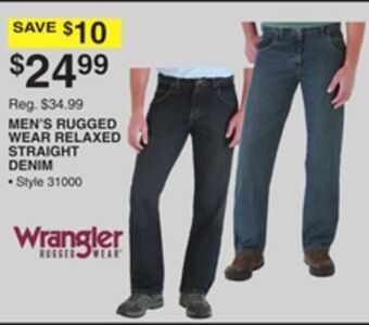 Dunham's Sports Wrangler men's rugged wear relaxed straight denim offer