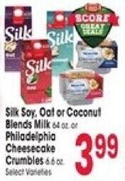 Jewel-Osco Silk Soy, Oct or Coconut Blends Milk 64 or Philadelphia Cheesecake Crumbles offer