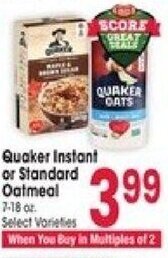 Jewel-Osco Quaker Instant or Standard Oatmeal offer