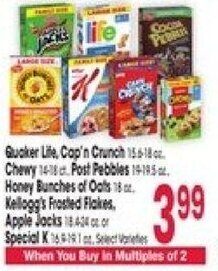 Jewel-Osco Quaker Life, Cop'n Crunch 15618 Chewy Post Pebbles 14-195 Honey Bunches of Oats 18. Kellogg's Frosted Flakes offer