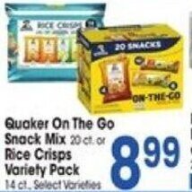 Jewel-Osco Quaker On The Go Snack Mix 20 ct. or Rice Crisps Variety Pack 14 ct. offer