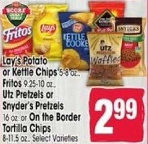 Jewel-Osco Lay's Potato or Kettle Chips 5-8 02. Fritos 9.25-10 oz Utz Pretzels or Snyder's Pretzels 16 oz or On the Border offer
