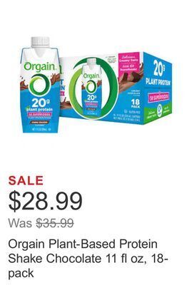 Costco Orgain plant-based protein shake chocolate 11 fl oz, 18-pack offer