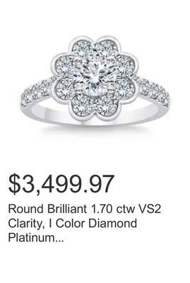 Costco Round brilliant 1.70 ctw vs2 clarity, i color diamond platinum flower ring offer